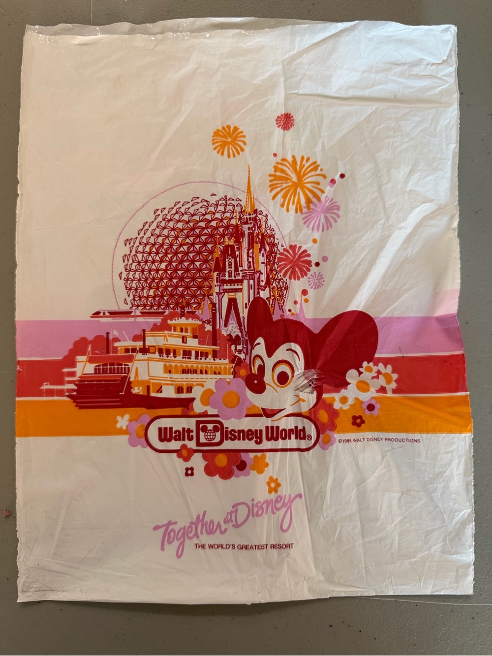 Vintage 1985 Walt Disney World “Together at Disney” Plastic Shopping Bag
